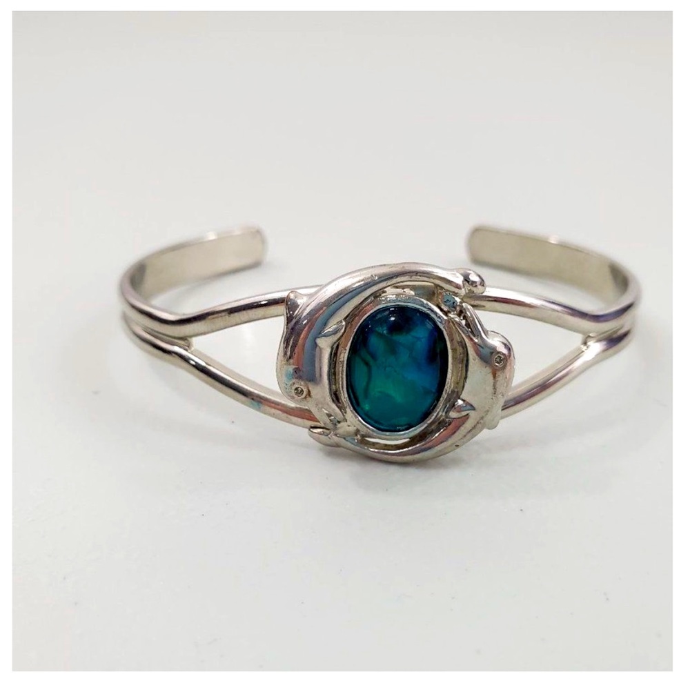 🐬Collectible Beach Jewelry Silver & Brass Dolphin Cuff Bracelet & Abalone Shell
